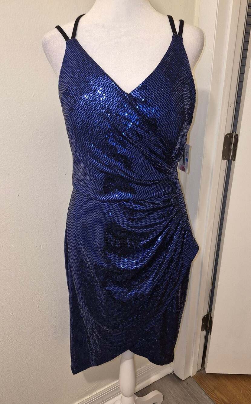 Morgan & Co. Royal Blue Sequin Bodycon Cocktail Dress with Criss-Cross Back Size